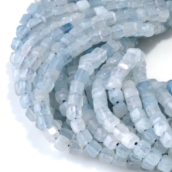 This is a Dakota Stones 4mm Aquamarine Gemstone strand with table-cut cube beads in 15-16 inch strand.