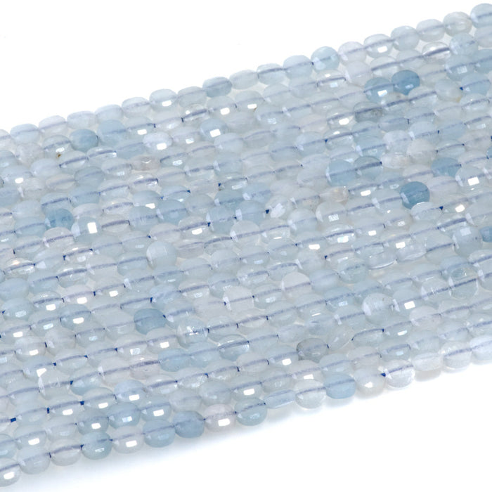 This is a Dakota Stones 4mm Aquamarine Gemstone strand with A grade faceted coin beads in 15-16 inch strand.