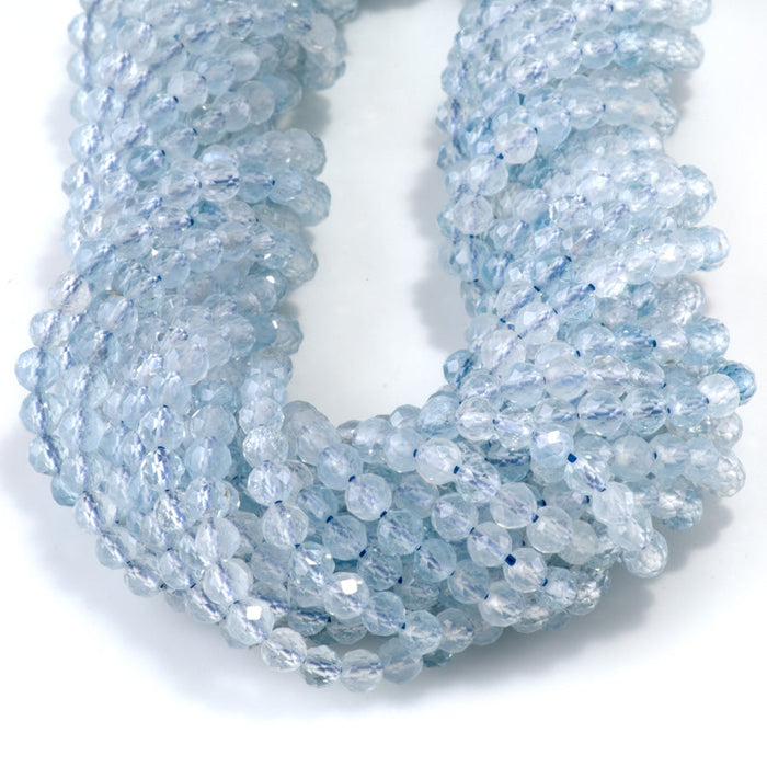 This is a Dakota Stones 4mm Aquamarine Gemstone strand with natural AAA grade faceted round beads in 15-16 inch strand.