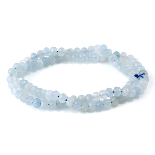 This is a Dakota Stones 4x6mm Aquamarine Gemstone strand with faceted rondelle beads in 15-16 inch strand.