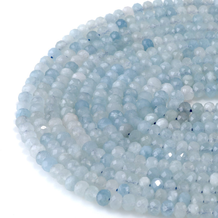 This is a Dakota Stones 4x6mm Aquamarine Gemstone strand with faceted rondelle beads in 15-16 inch strand.