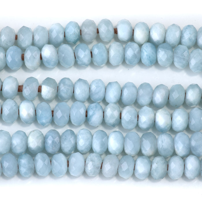This is a Dakota Stones 8mm Fdc Aquamarine Diamond Cut Large Gemstone strand with faceted rondelle beads in 8 inch strand.