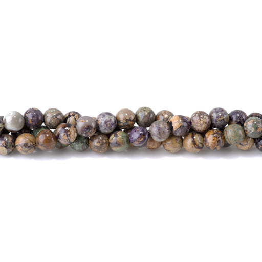This is a Dakota Stones 8mm Violet Aqua Terra Impression Jasper Gemstone strand with round beads in 15-16 inch strand.