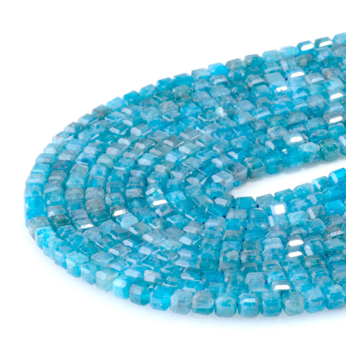 This is a Dakota Stones 3mm Blue Apatite Gemstone strand with A grade table-cut cube beads in 15-16 inch strand.