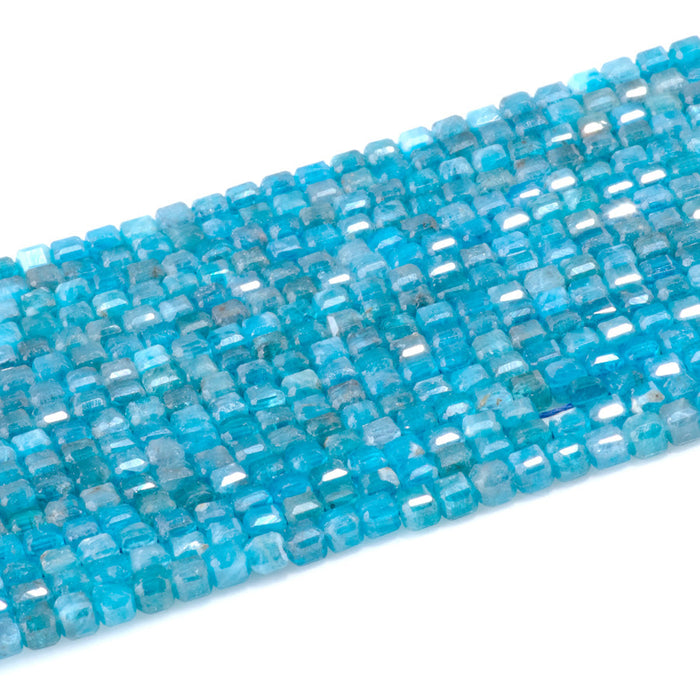 This is a Dakota Stones 3mm Blue Apatite Gemstone strand with A grade table-cut cube beads in 15-16 inch strand.