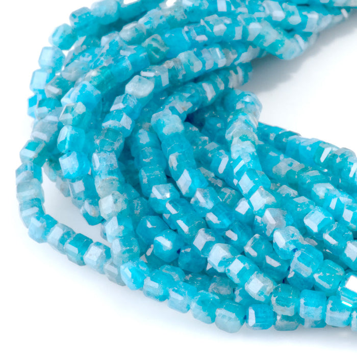 This is a Dakota Stones 3mm Blue Apatite Gemstone strand with A grade table-cut cube beads in 15-16 inch strand.