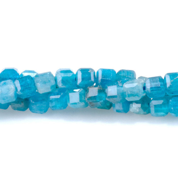 This is a Dakota Stones 3mm Blue Apatite Gemstone strand with A grade table-cut cube beads in 15-16 inch strand.