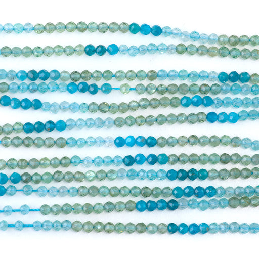 This is a Dakota Stones 3mm Blue Green Apatite Banded Gemstone strand with faceted round beads in 15-16 inch strand.