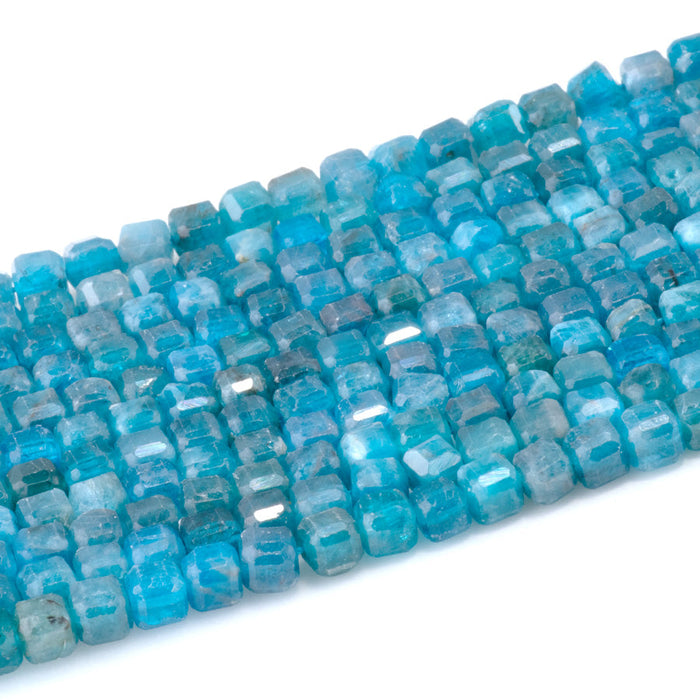 This is a Dakota Stones 4mm Blue Apatite Gemstone strand with table-cut cube beads in 15-16 inch strand.