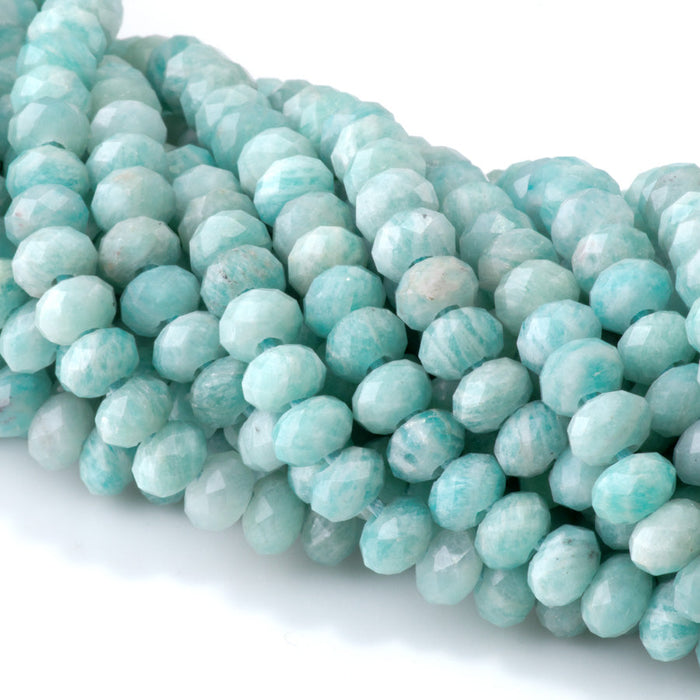 This is a Dakota Stones 5x8mm Brazilian Amazonite Large Hole Gemstone strand with faceted rondelle beads in 8 inch strand.