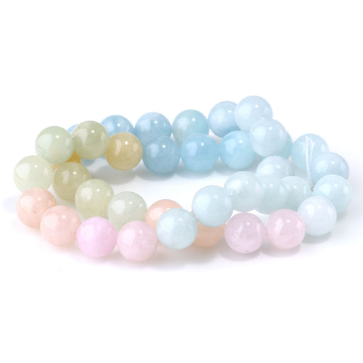 This is a Dakota Stones 10mm Banded Mixed Beryl Morganite Gemstone strand with A grade round beads in 15-16 inch strand.