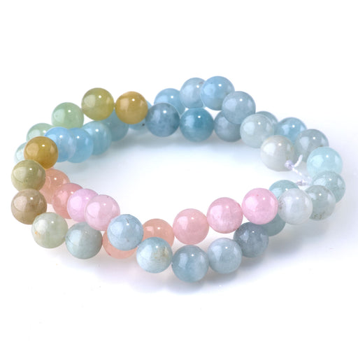 This is a Dakota Stones 8mm Banded Mixed Beryl Morganite Gemstone strand with A grade round beads in 15-16 inch strand.