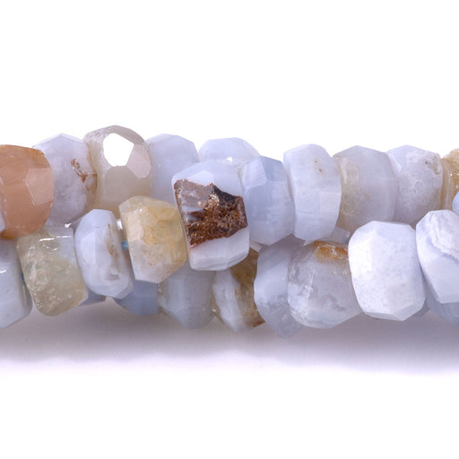 This is a Dakota Stones 4x8mm Blue Lace Agate Irr Gemstone strand with faceted rondelle beads in 15-16 inch strand.