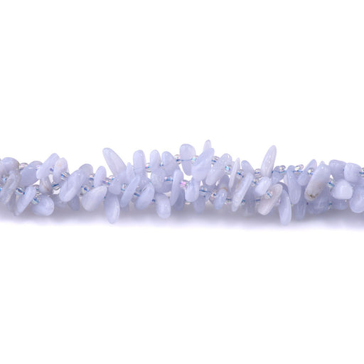 This is a Dakota Stones 5x10-20mm Blue Lace Agate Top Drill Gemstone strand of round beads in 15-16 inch strand.
