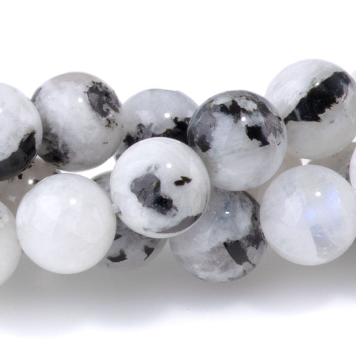 This is a Dakota Stones 8mm Blue Moonstone Black Dot Gemstone strand with round beads in 15-16 inch strand.
