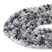 This is a Dakota Stones 4mm Black Rutilated Quartz Micofaceted Gemstone strand with round beads in 15-16 inch strand.