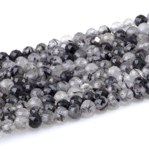 This is a Dakota Stones 4mm Black Rutilated Quartz Micofaceted Gemstone strand with round beads in 15-16 inch strand.