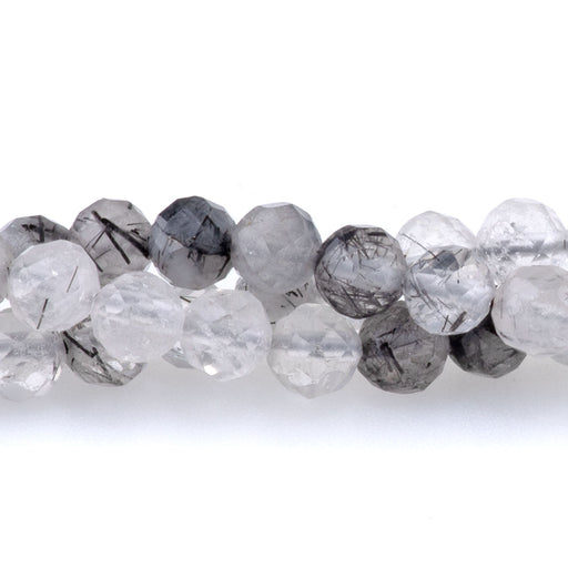 This is a Dakota Stones 4mm Black Rutilated Quartz Micofaceted Gemstone strand with round beads in 15-16 inch strand.