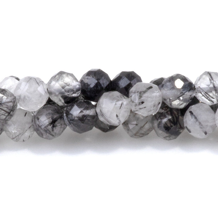 This is a Dakota Stones 4mm Black Rutilated Quartz Micofaceted Gemstone strand with round beads in 15-16 inch strand.