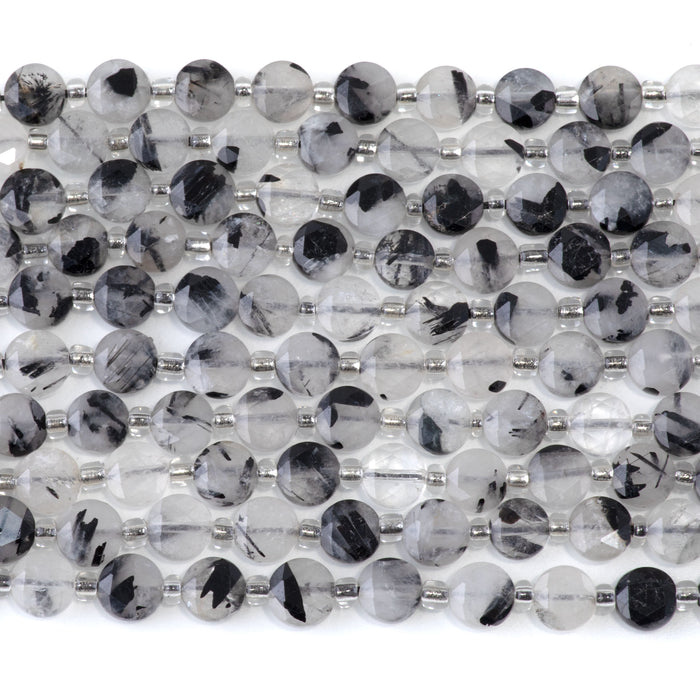 Black Rutilated Quartz 6mm Star Cut Coin A Grade - 15-16 Inch