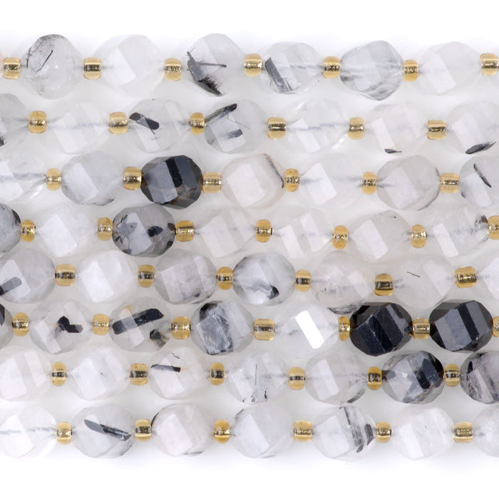 Black Rutilated Quartz 7x8mm Faceted Swirl Oval - 15-16 Inch