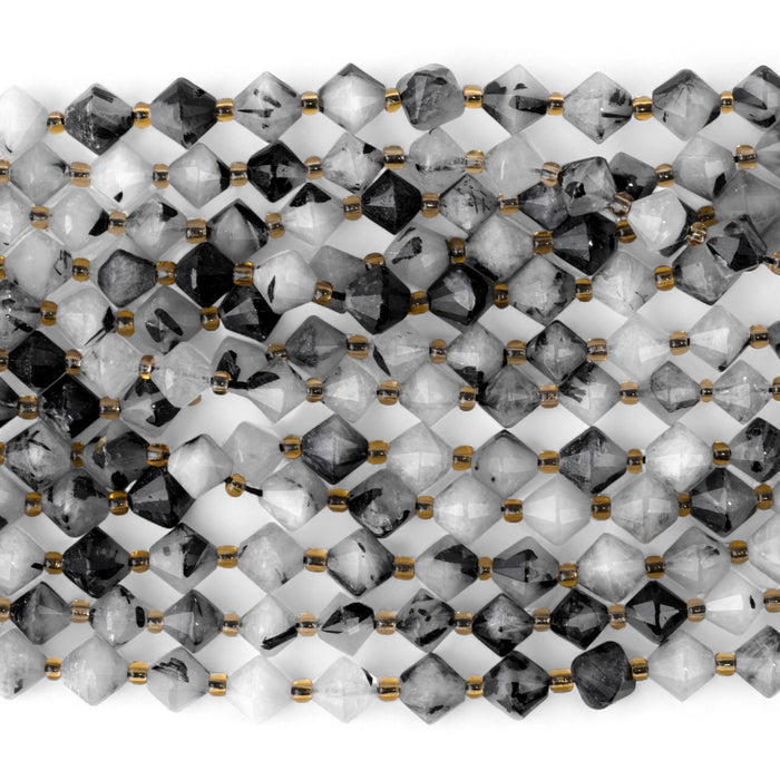 Black Rutilated Quartz 8mm Faceted Bicone - 15-16 Inch