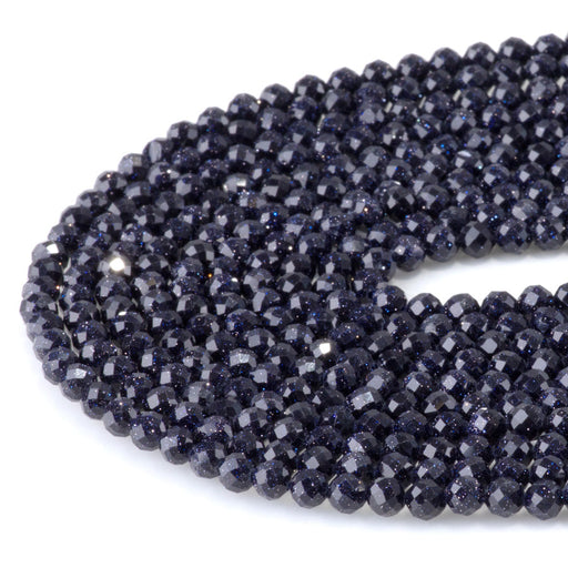 This is a Dakota Stones 4mm Blue Goldstone Microfaceted Gemstone strand with round beads in 15-16 inch strand.