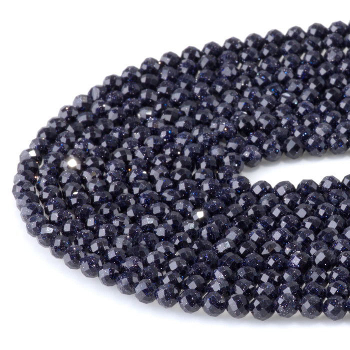 This is a Dakota Stones 4mm Blue Goldstone Microfaceted Gemstone strand with round beads in 15-16 inch strand.