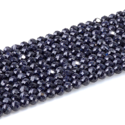 This is a Dakota Stones 4mm Blue Goldstone Microfaceted Gemstone strand with round beads in 15-16 inch strand.