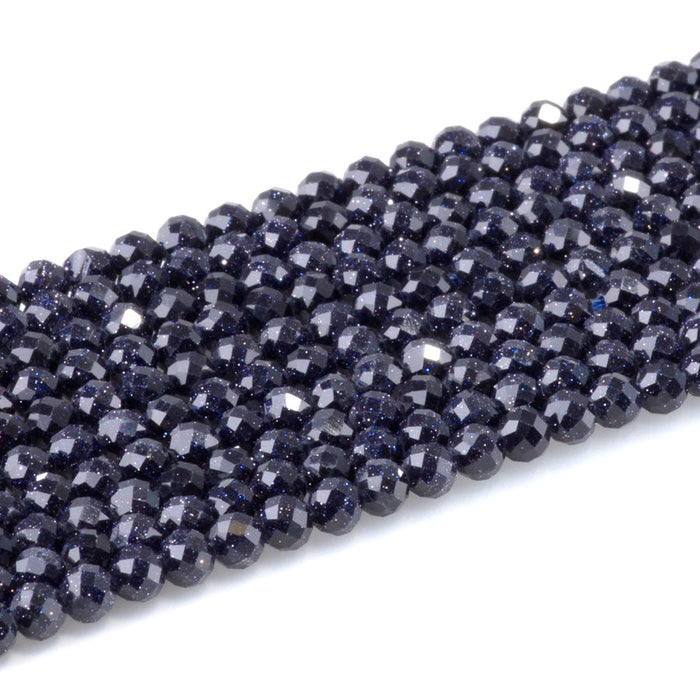 This is a Dakota Stones 4mm Blue Goldstone Microfaceted Gemstone strand with round beads in 15-16 inch strand.