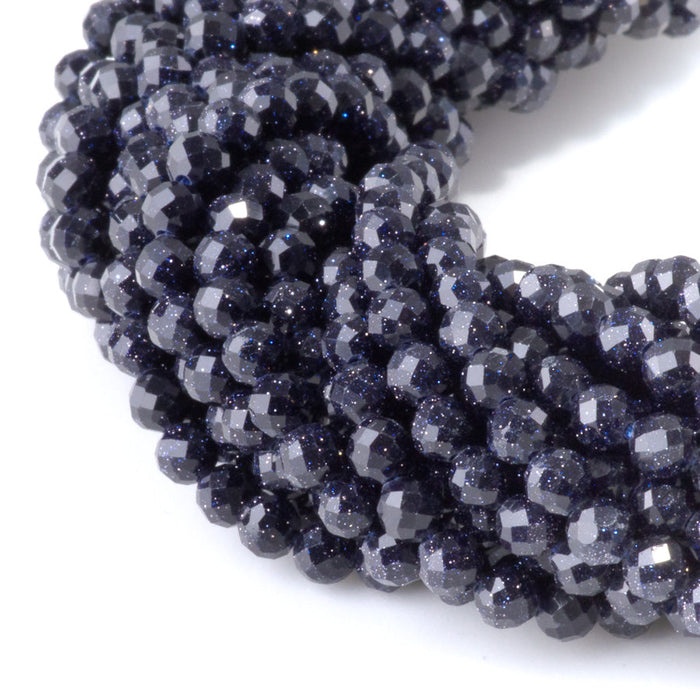 This is a Dakota Stones 4mm Blue Goldstone Microfaceted Gemstone strand with round beads in 15-16 inch strand.