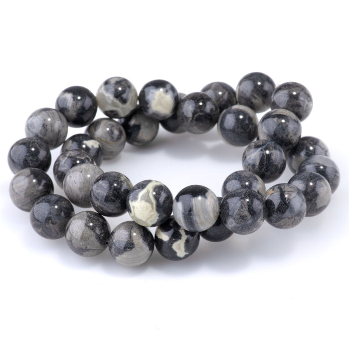 Black Silver Leaf Jasper 12mm Round - 15-16 Inch