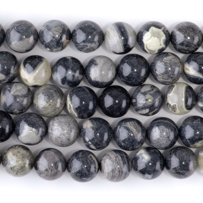 Black Silver Leaf Jasper 12mm Round - 15-16 Inch