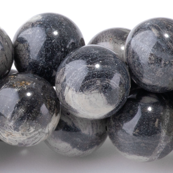 Black Silver Leaf Jasper 12mm Round - 15-16 Inch
