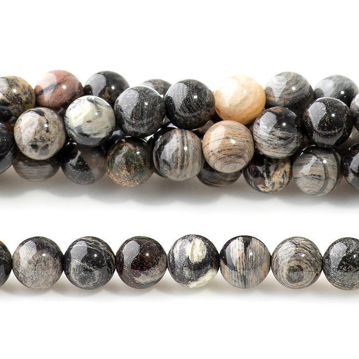 Black Silver Leaf Jasper 6mm Round 15-16