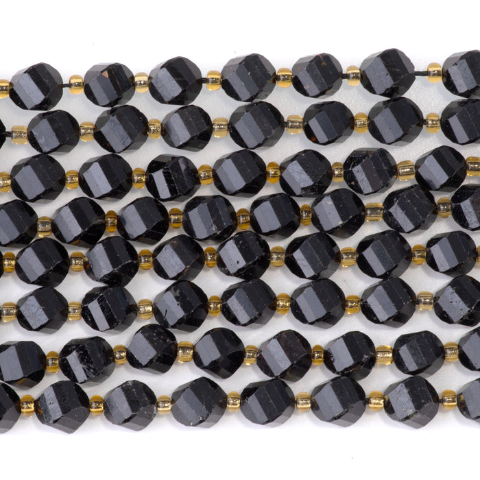 Black Tourmaline 7x8mm Faceted Swirl Oval - 15-16 Inch