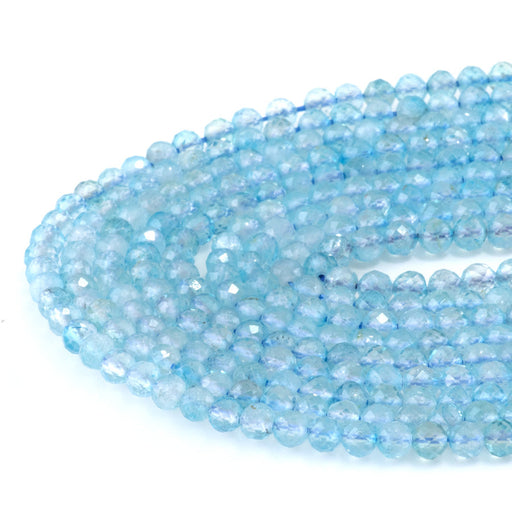 This is a Dakota Stones 4mm Blue Topaz Microfaceted Gemstone strand with A grade round beads in 15-16 inch strand.