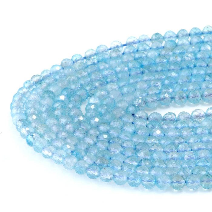 This is a Dakota Stones 4mm Blue Topaz Microfaceted Gemstone strand with A grade round beads in 15-16 inch strand.