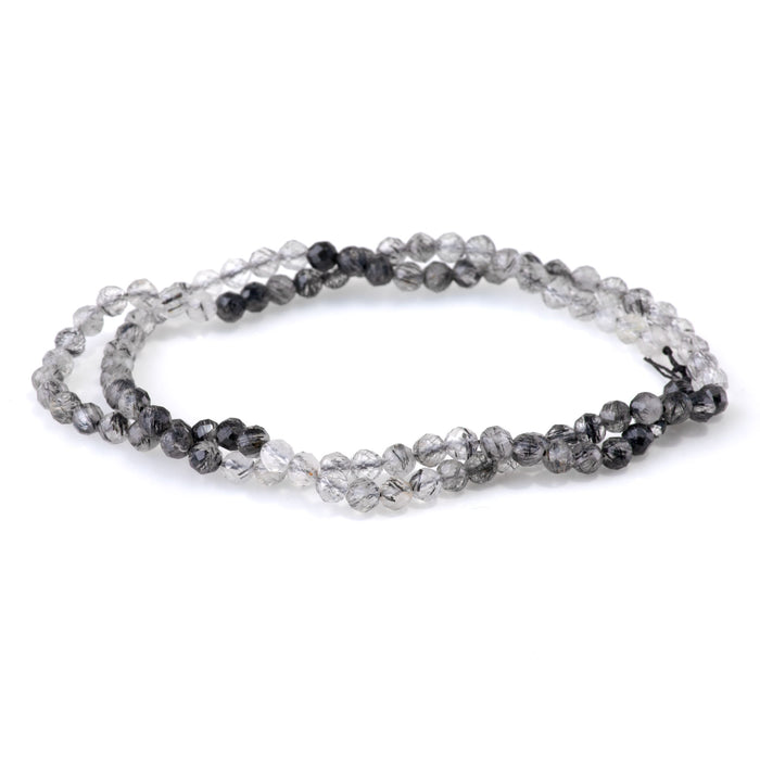 Black Tourmalinated Quartz 4mm Banded Faceted Round A Grade - 15-16 Inch*