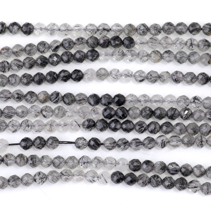 Black Tourmalinated Quartz 4mm Banded Faceted Round A Grade - 15-16 Inch*