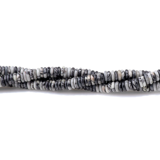 This is a Dakota Stones 2x6mm Black Web Jasper Thin Gemstone strand with rondelle beads in 15-16 inch strand.