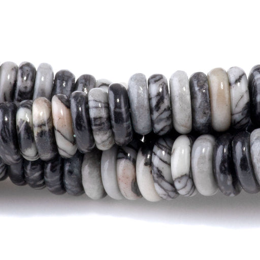 This is a Dakota Stones 2x6mm Black Web Jasper Thin Gemstone strand with rondelle beads in 15-16 inch strand.
