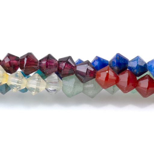 This is a Dakota Stones 4mm Chakra Bicone Gemstone strand with faceted beads in 15-16 inch strand.