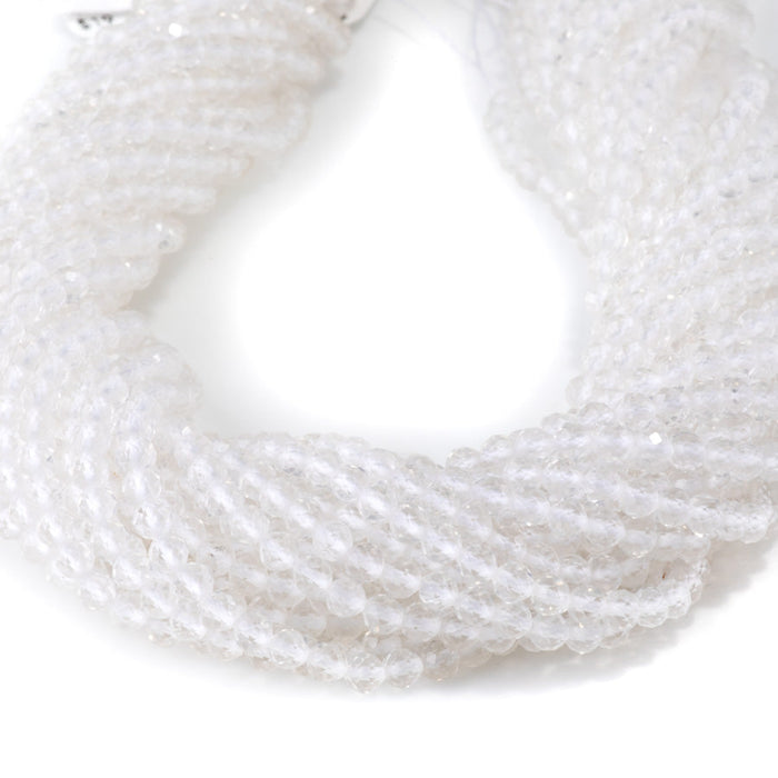This is a Dakota Stones 4mm Crystal Quartz Microfaceted Gemstone strand with round beads in 15-16 inch strand.