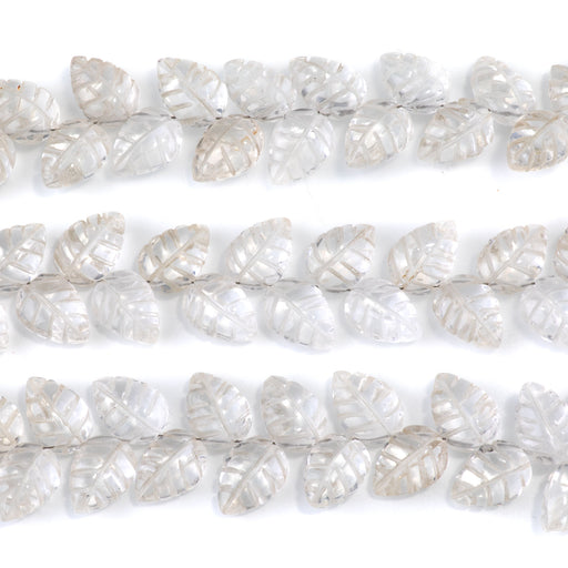 This is a Dakota Stones 8x11mm Crystal Quartz Leaf Gemstone strand of round beads in 8 inch strand.