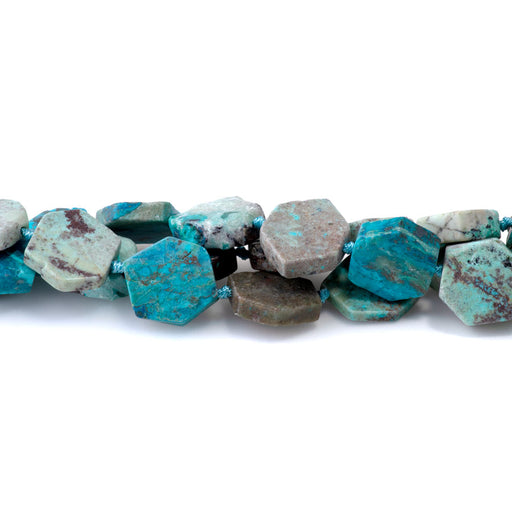 This is a Dakota Stones 12-18mm Chrysocolla Flat Hexagon Gemstone strand with free-form beads in 15-16 inch strand.