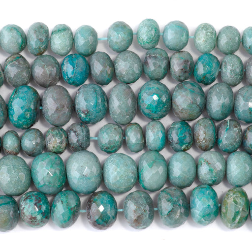 This is a Dakota Stones 6x8-10x15mm Chrysocolla Gemstone strand with faceted rondelle beads in 15-16 inch strand.