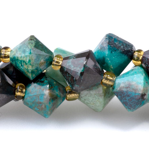 This is a Dakota Stones 8mm Chrysocolla Bicone Gemstone strand with faceted beads in 15-16 inch strand.