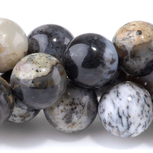 This is a Dakota Stones 10mm Dendritic Black Opal Gemstone strand with round beads in 15-16 inch strand.