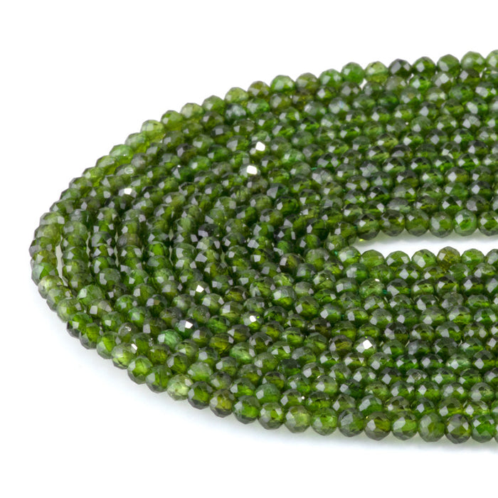 This is a Dakota Stones 3mm Diopside Gemstone strand with AAA grade faceted round beads in 15-16 inch strand.